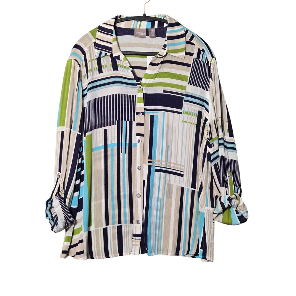 Chicos Stripe Wonderland Alice Button Down Shirt Multi XL 3 Artsy Resort NWT